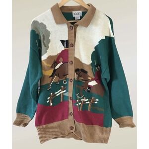 Vintage Koret 1990s Equestrian theme Horses Animal Preppy Knit Cardigan Sz Large